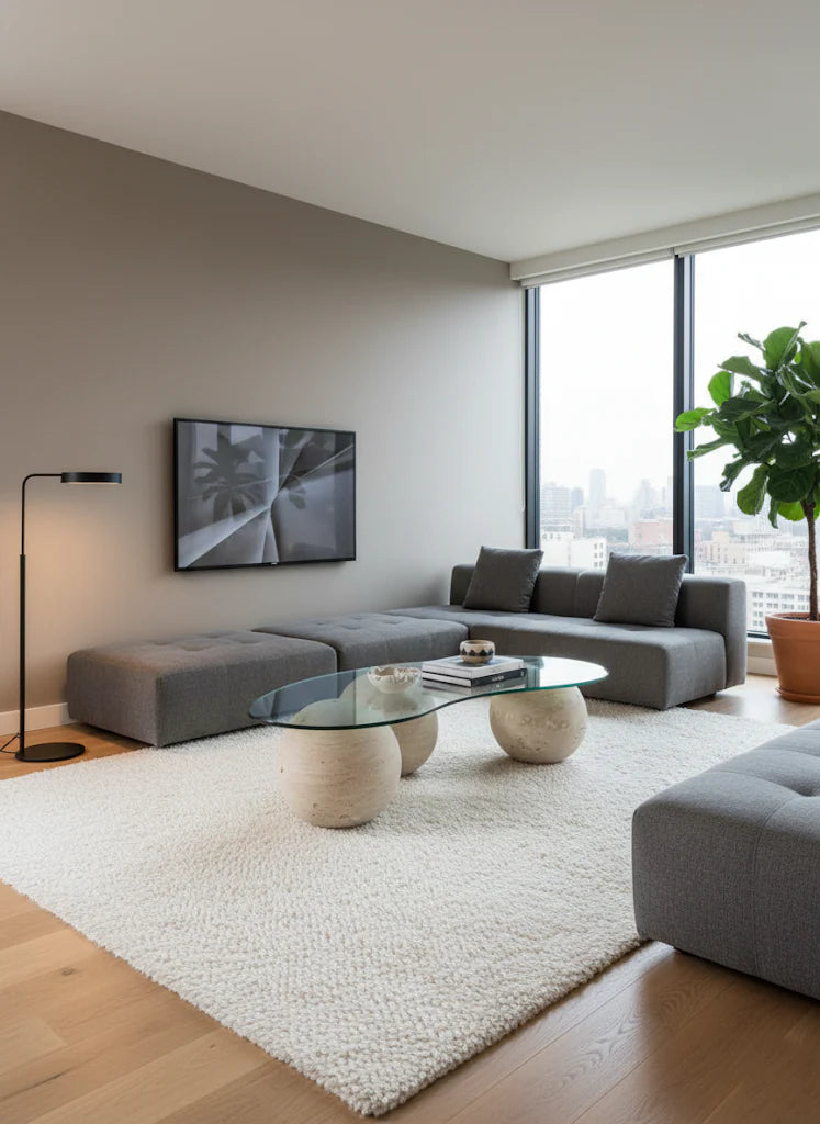 Bella Vie Traverten Ayaklı Cam Sehpa – Minimalist Doğal Taş Orta Sehpa