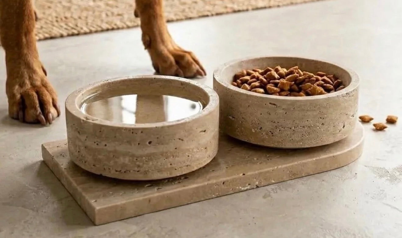 Traverten kedi köpek mama su kabı