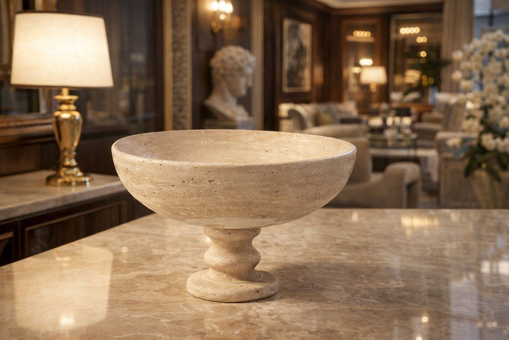 Bella Vie Traverten Ayaklı Dekoratif Kase – Doğal Taş El Yapımı Sunumluk & Merkez Dekor Objesi